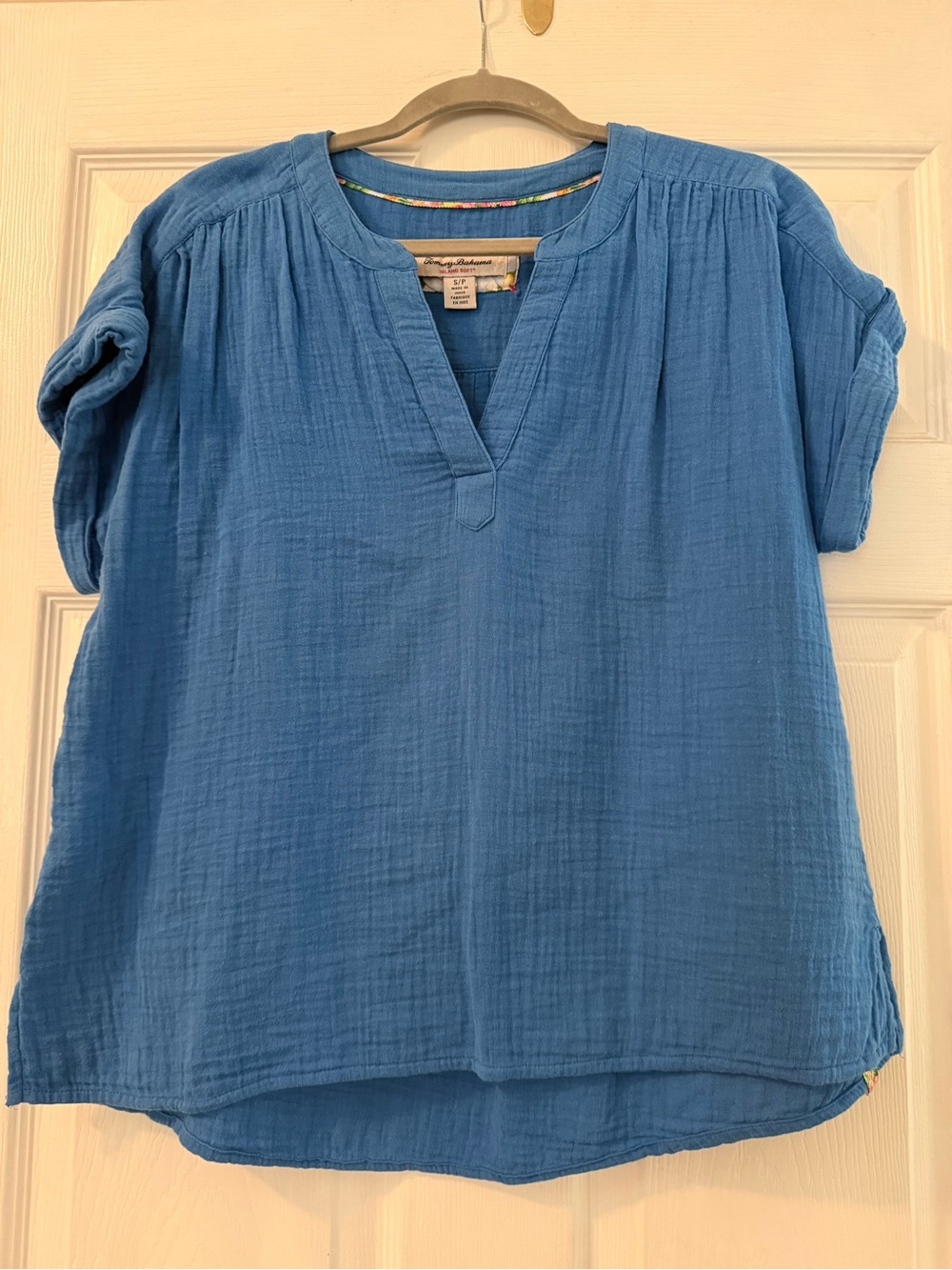 Tommy Bahama Blue Cotton Gauze V-Neck Short Sleeve Top small